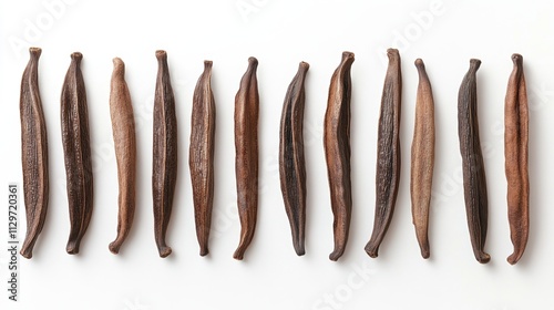 A Unique Arrangement of Various Vanillin Pods Displayed on a Clean White Background, Showcasing Their Rich Brown Colors and Distinctive Textures for Culinary and Botanical Use