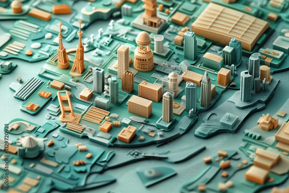Miniature Cityscape Model - Teal and Beige Urban Architecture