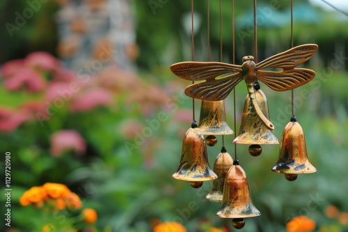Dragonfly wind chime with bronze bells in garden