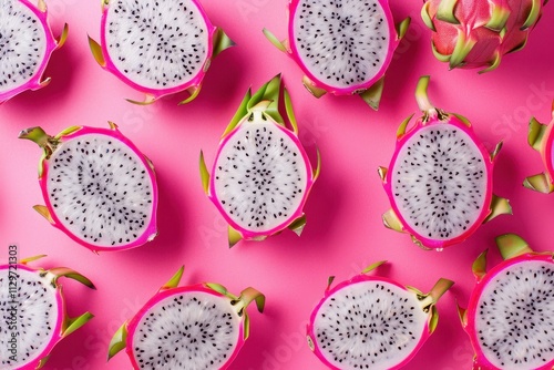 Dragonfruit on pink background arranged creatively in a flat lay for a food concept display photo