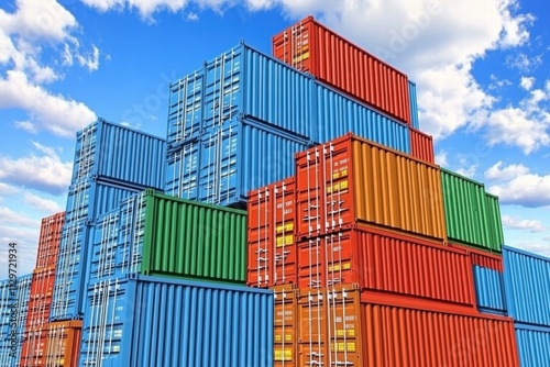 Stack of Colorful Shipping Containers under Blue Sky