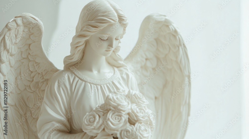 Victorian angel figurine with detailed features, holding a bouquet of roses, in a serene pose, on white Victorian angel figurine with detailed features, holding a bouquet of roses, in a serene pose, on white