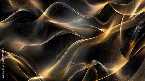 Generate an abstract black and gold background with soft, luminous golden lines crossing over each other