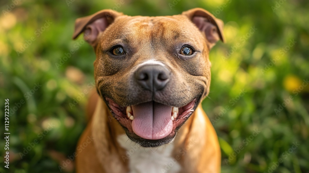 Happy brown Pit Bull Terrier dog smiling outdoors in green grass. Happy brown Pit Bull Terrier dog smiling outdoors in green grass.