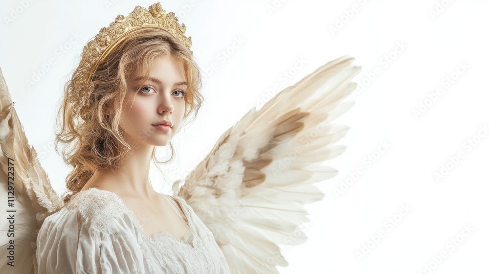 Victorian angel with a golden halo and feathered wings, standing in a gentle, serene pose, isolated on white Victorian angel with a golden halo and feathered wings, standing in a gentle, serene pose, isolated on white