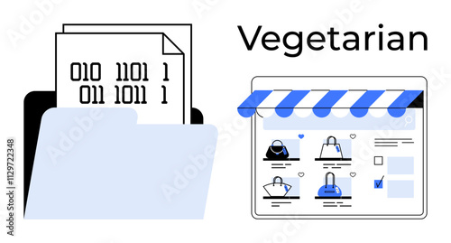 Folder with binary-coded documents alongside an online shopping interface. Ideal for data organization, digital commerce, coding, retail, online business, tech industry, vegetarian products. Line