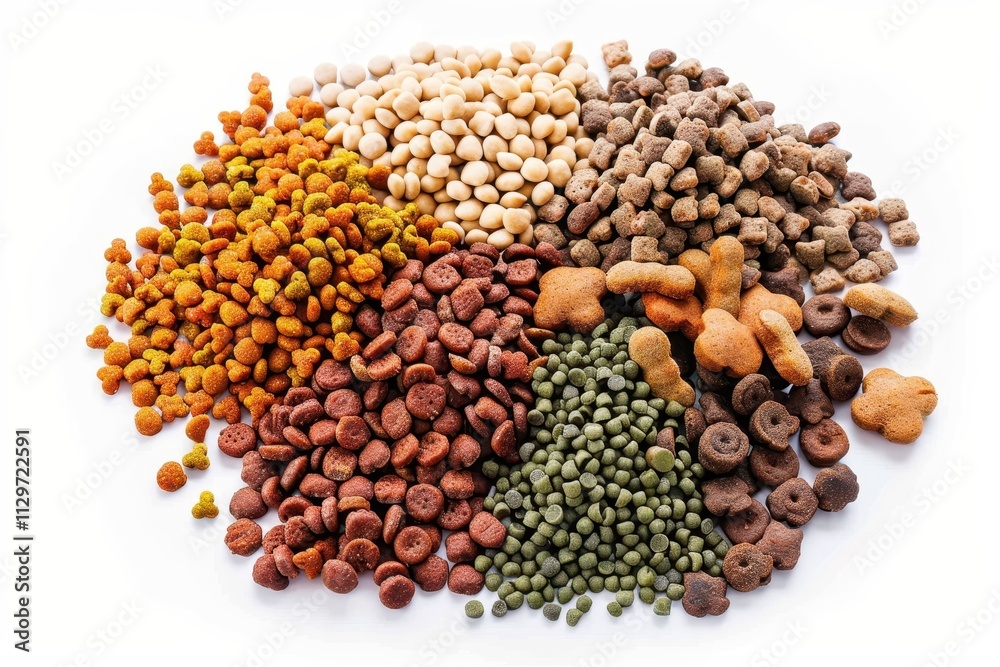Dry pet food displayed on white background Dry pet food displayed on white background