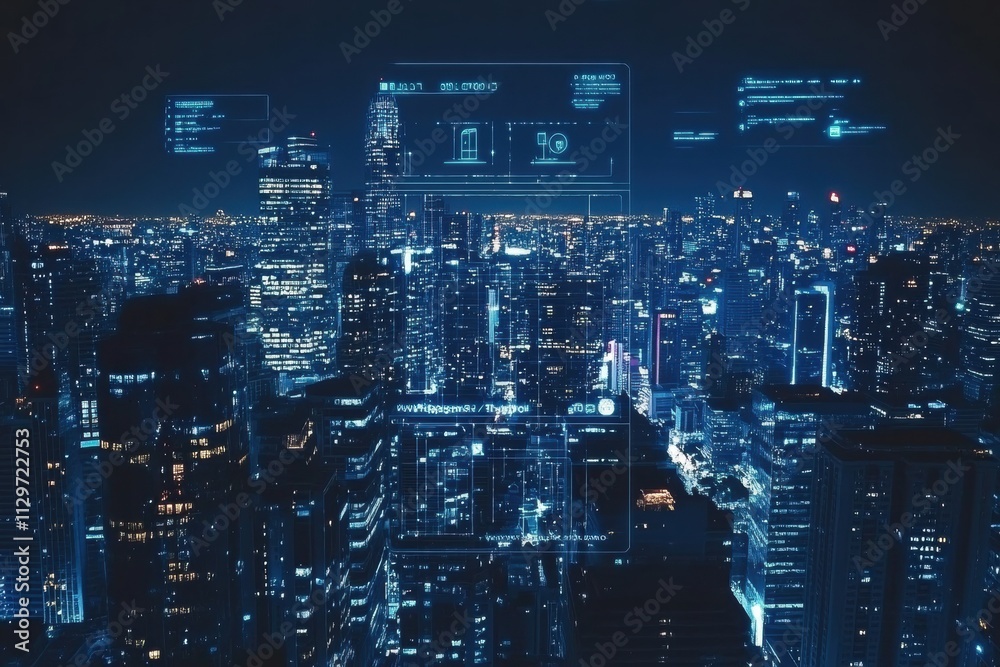 Smart City at Night Futuristic Urban Skyline with Digital Overlay Smart City at Night Futuristic Urban Skyline with Digital Overlay