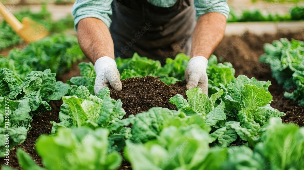 Fototapeta premium A farmer spreading compost on a garden bed, showcasing the benefits of recycling food waste