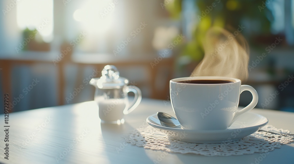 A steaming cup of coffee beside a sugar container in soft light. A steaming cup of coffee beside a sugar container in soft light.
