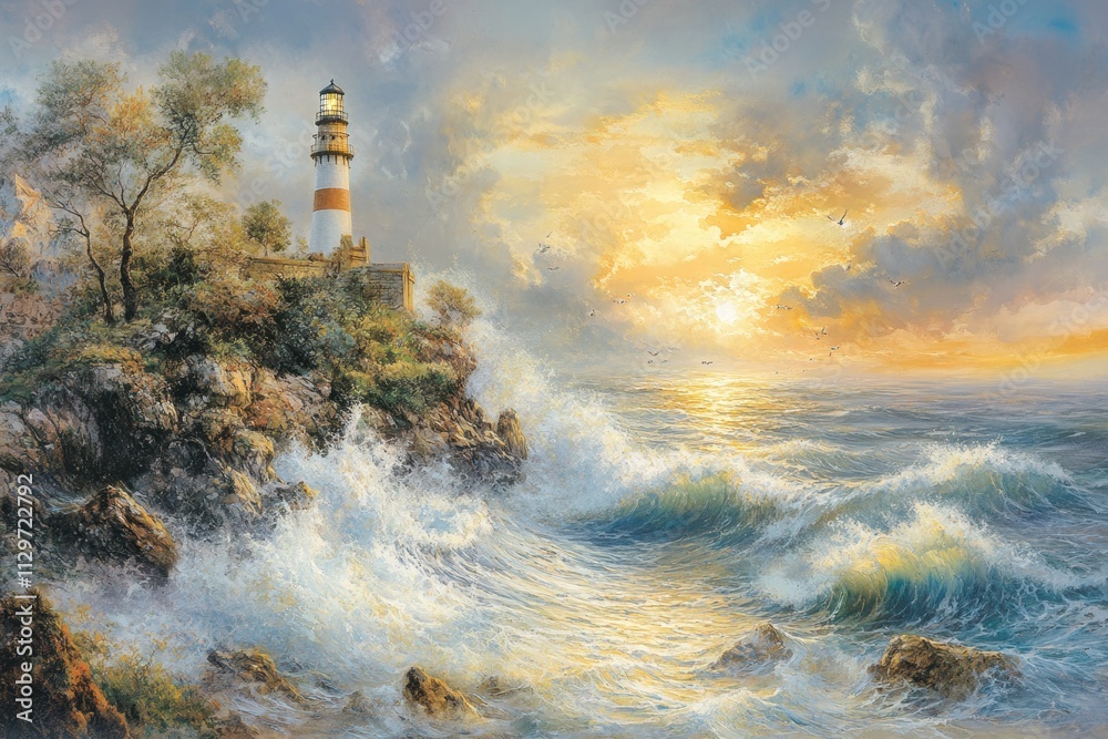 Fototapeta premium Lighthouse at Sunset, Dramatic Ocean Waves
