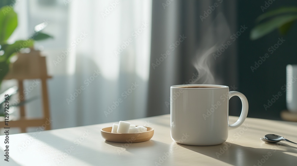 A steaming cup of coffee beside sugar cubes on a wooden table. A steaming cup of coffee beside sugar cubes on a wooden table.