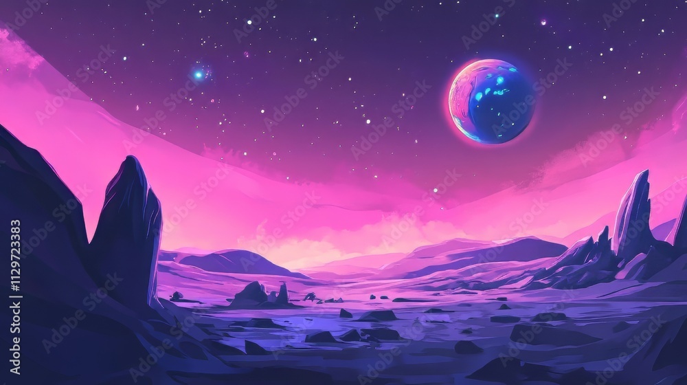 Obraz premium Alien planet fantasy landscape space background. sci-fi horizontal poster. science fiction digital raster bitmap illustration. horizontal format wallpaper. ai artwork. space background. 