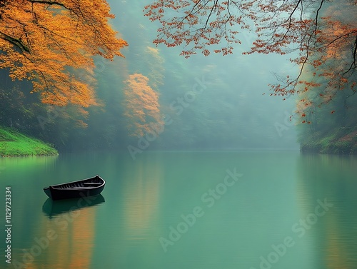 Serene autumn lake scene with a lone rowboat