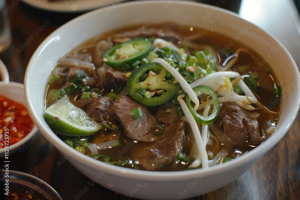 Eating beef pho with spicy sriracha sauce from above Eating beef pho with spicy sriracha sauce from above