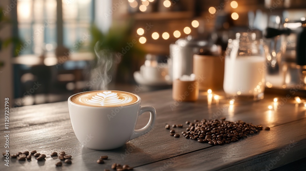 A steaming cup of latte art on a wooden table with coffee beans. A steaming cup of latte art on a wooden table with coffee beans.