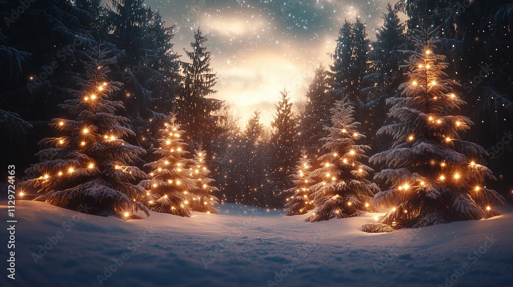 Christmas trees in a snowy forest with glowing lights and a beautiful winter sunset