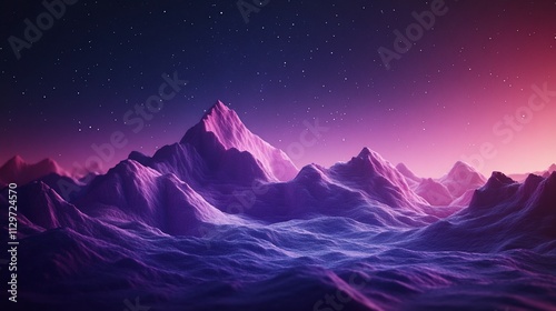 Vibrant purple and pink mountain range under a starry night sky.