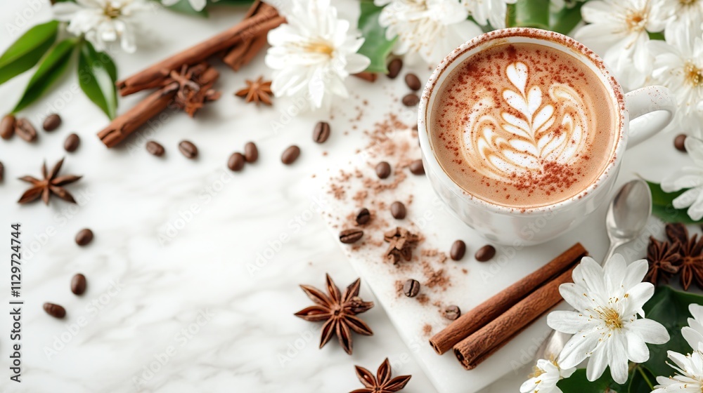 Aesthetic coffee cup with spices and flowers on a marble surface.