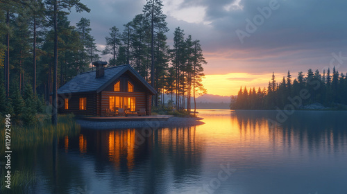 house on the lake, sunset over the lake