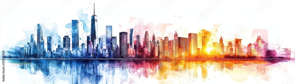 A vibrant watercolor skyline at sunrise, showcasing tall skyscrapers and reflecting colors on the water surface. A vibrant watercolor skyline at sunrise, showcasing tall skyscrapers and reflecting colors on the water surface.