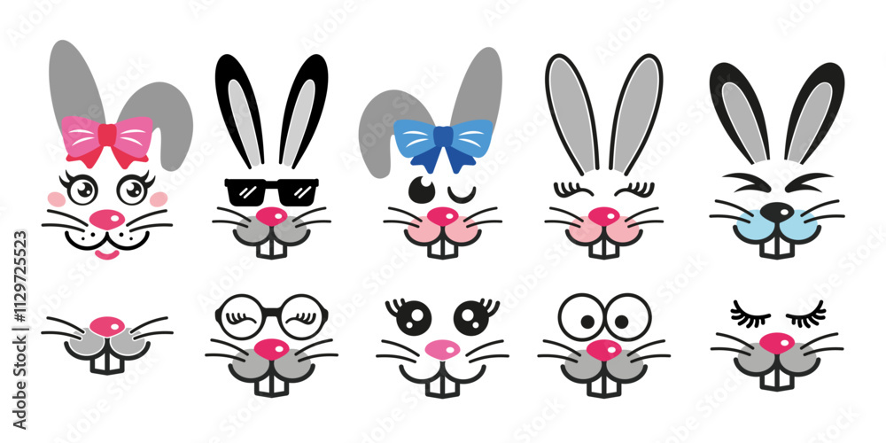 Obraz premium Set of cute rabbit face designs. Funny Easter bunny for kids. Isolated vector illustration in flat style