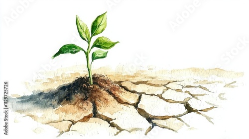 A young green plant emerges from dry, cracked soil, symbolizing resilience and hope in harsh conditions.