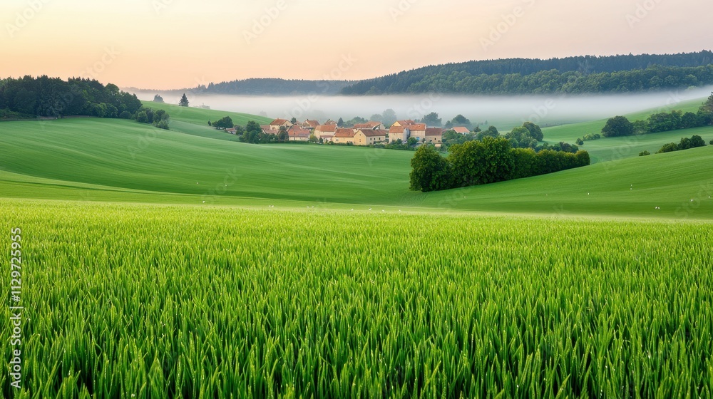 Obraz premium Serene Green Fields with Village and Misty Hills at Dawn