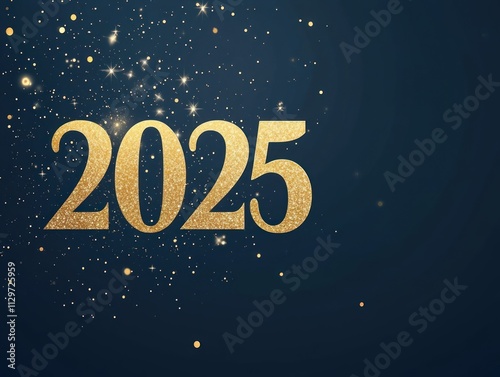 Glittery gold 2025 New Year's greeting on dark blue background.