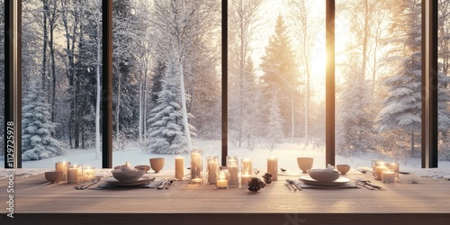 An elegant winter dining room with glowing candles, cozy ceramic tableware, and a breathtaking view of a snowy forest at sunrise