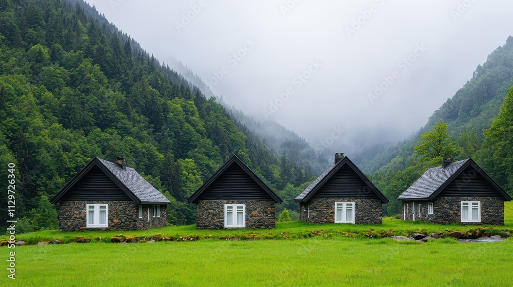 Scenic Stone Cabins Nestled in Green Mountain Valley Landscape Scenic Stone Cabins Nestled in Green Mountain Valley Landscape