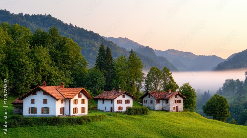 Scenic Mountain Village with White Houses and Lush Green Landscape Scenic Mountain Village with White Houses and Lush Green Landscape