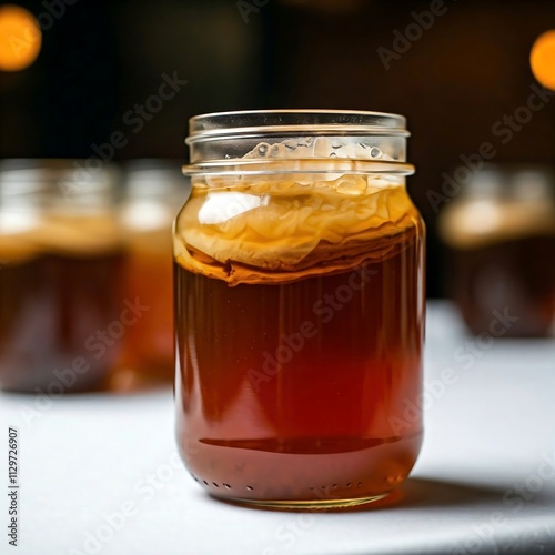 A glass jar with kombucha fermenting, with a SCOBY visible,  kombucha, fermented drink, probiotic, healthy, gut health, tea, sugar, SCOBY, fizzy, refreshing, natural, organic, close up, food photograp photo