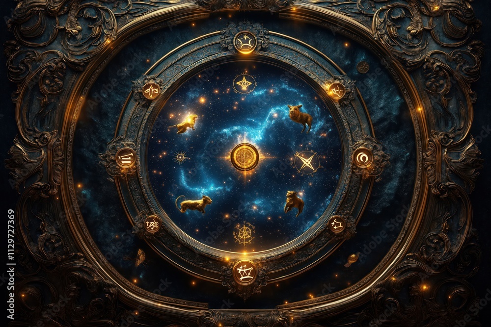 Fototapeta premium Celestial zodiac wheel floats in cosmic nebula. Constellation animals glow with stardust. Golden symbols emerge from cosmic swirls. Ornate golden frame surrounds wheel. Astrology celestial design.