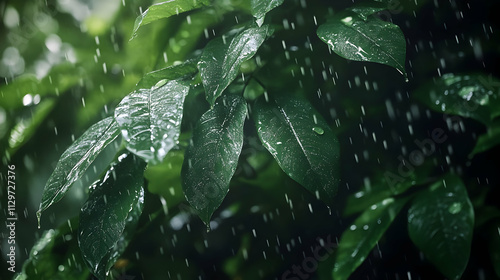 Lush green foliage drenched in rain, water droplets on leaves. photo