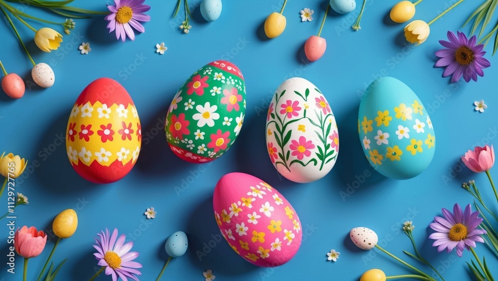Fototapeta premium Colorful painted easter eggs and flowers display
