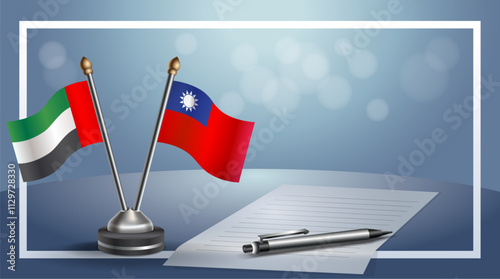 United Arab Emirate and Taiwan National flags on small table with bokeh background, cooperative relationship