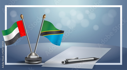 United Arab Emirate and Tanzania National flags on small table with bokeh background, cooperative relationship