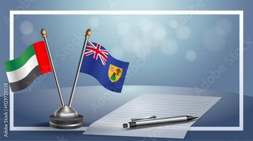 United Arab Emirate and Turk and Caicos National flags on small table with bokeh background, cooperative relationship