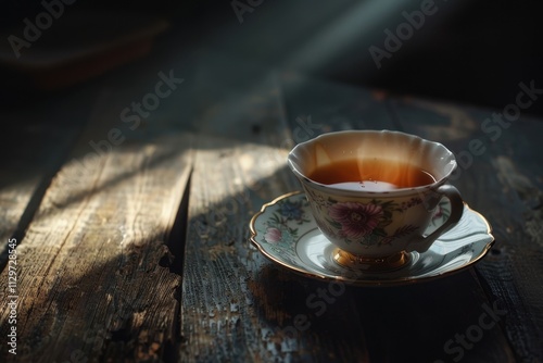 Fill teacup with hot tea on old table with sunlight and warm atmosphere photo