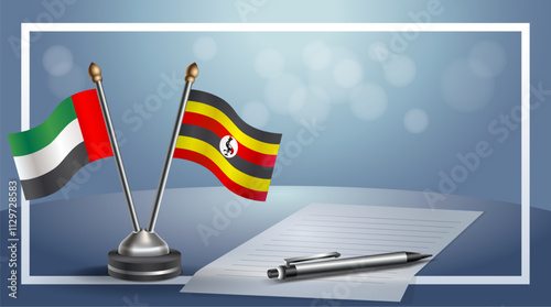 United Arab Emirate and Uganda National flags on small table with bokeh background, cooperative relationship