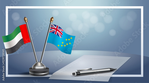 United Arab Emirate and Tuvalu National flags on small table with bokeh background, cooperative relationship