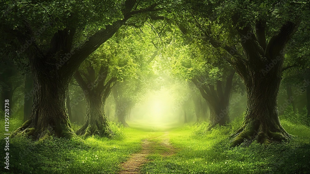 Naklejka premium Dark Moody Forest Path Surrounded by Lush Green Trees
