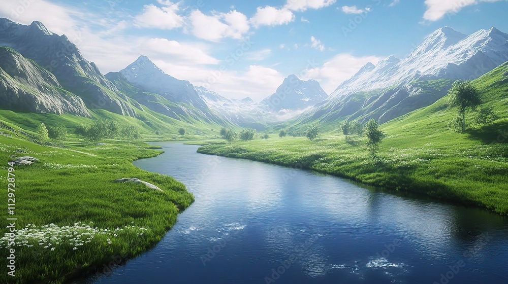 Serene Mountain Landscape with Winding River and Lush Greenery Serene Mountain Landscape with Winding River and Lush Greenery