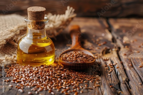 Flax seeds wooden spoon oil on table Healthy food concept photo