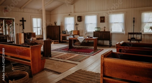 Rustic, wooden church interior with benches, crosses, and sunlight streaming through windows photo