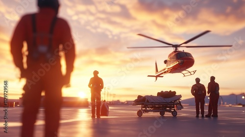 Helicopter preparing for a medical mission at sunset.