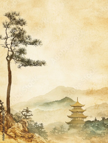 A graceful Chinese painting background with soft beige textured paper, The top left features a lone pine tree standing tall