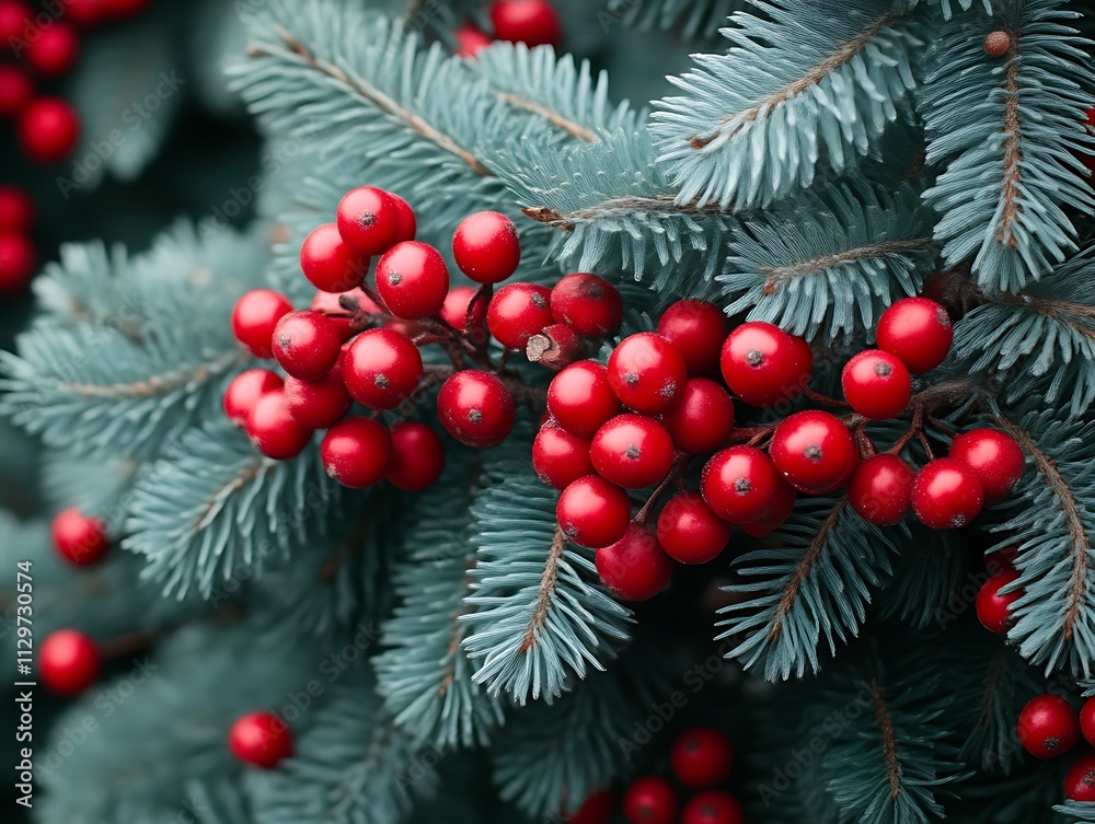 Red berries adorn blue spruce branches creating a festive winter scene Red berries adorn blue spruce branches creating a festive winter scene