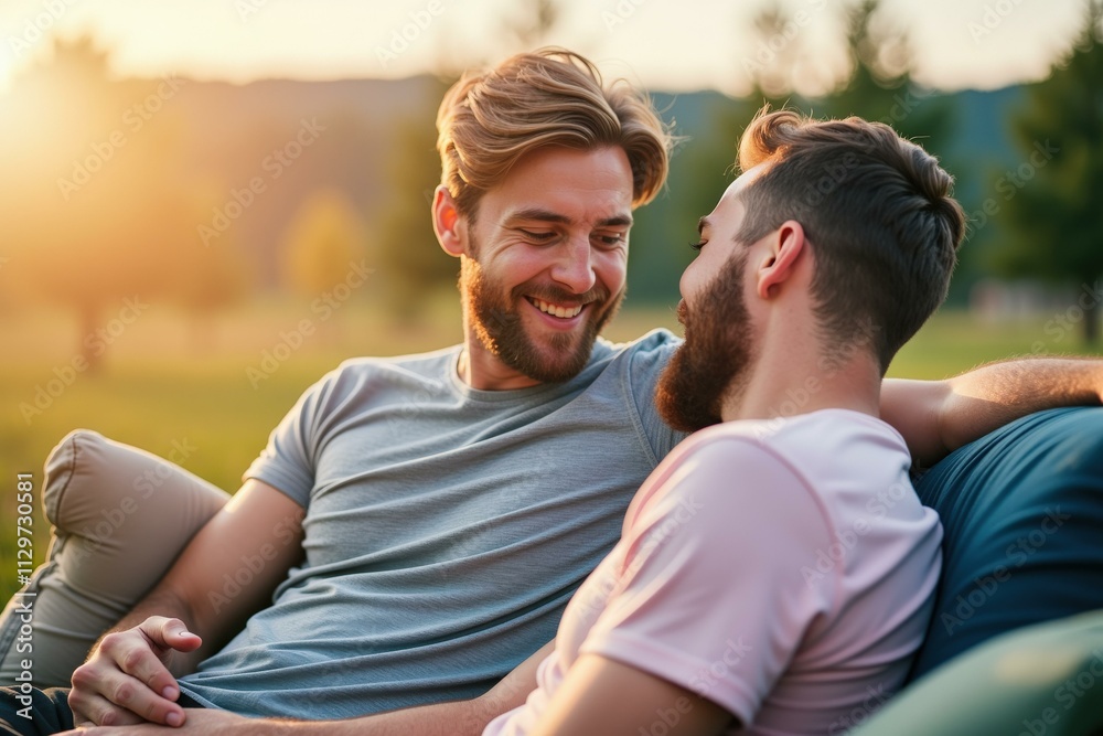 Romantic Sunset: Two Men Enjoying a Peaceful Moment in Nature Romantic Sunset: Two Men Enjoying a Peaceful Moment in Nature